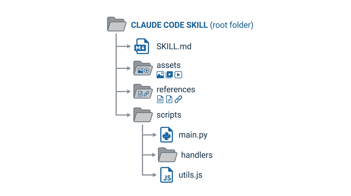 Claude Code Skill 目录结构图,其中包含 SKILL.md、scripts、references 和 assets 目录
