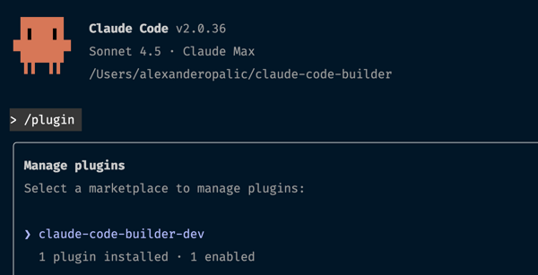 Claude Code 插件列表,显示已经安装 claude-code-builder